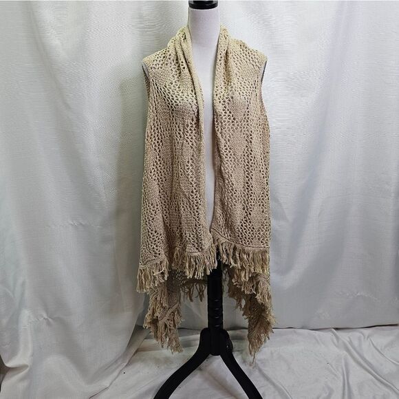 Retro Threads Tan Crochet Knit Open Front Sleeveless Cardigan Size XXL - Picture 1 of 6